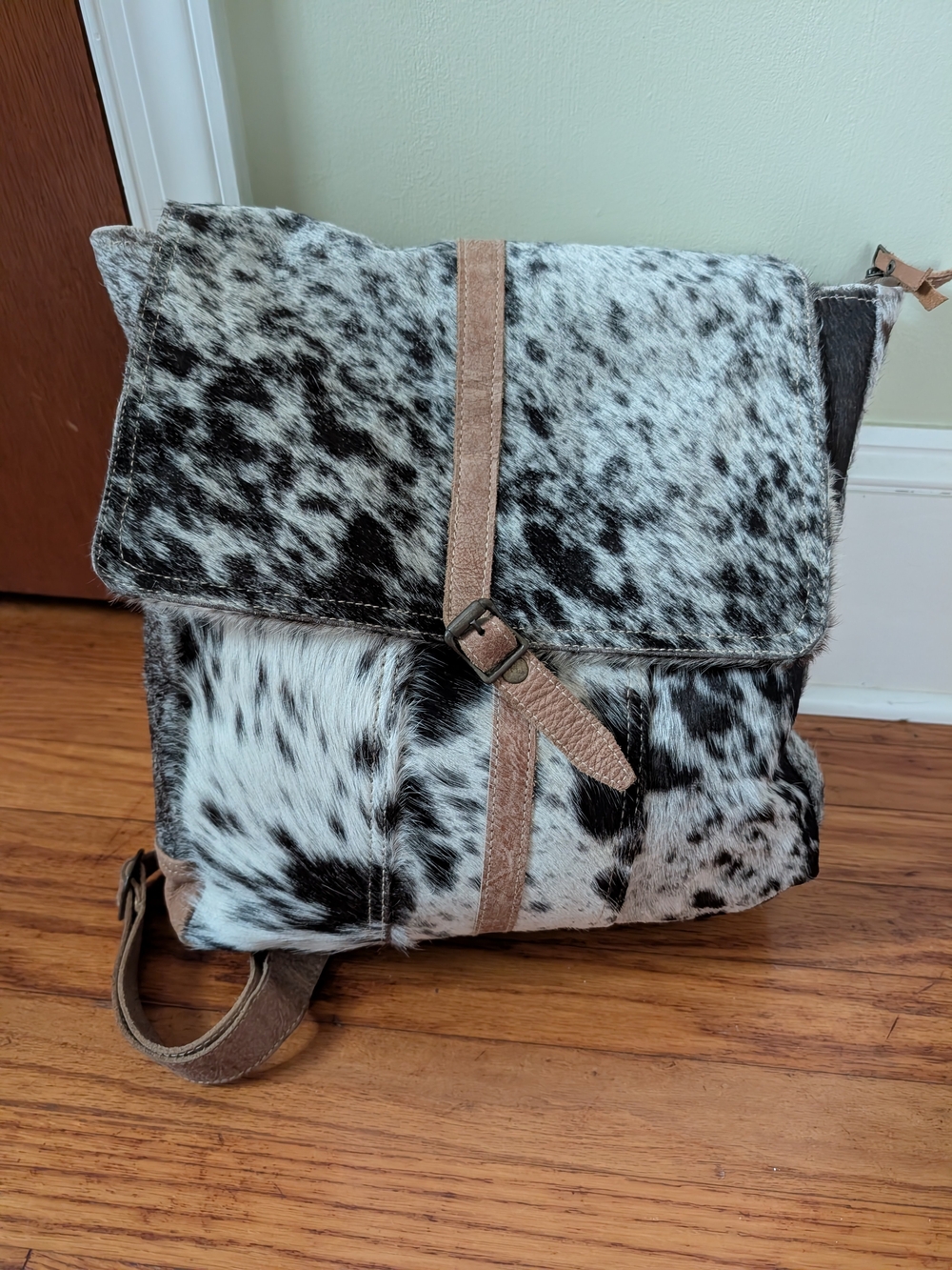 Myra Bag Black and White Spotted Haircalf Backpack with Tan Suede Trim